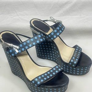 Christian Dior Miss Dior Blue Polka Dot Peep Toe Wedge Mules Women's Size 6